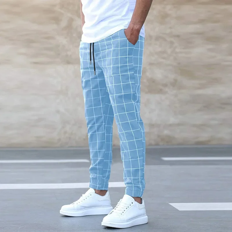 Men's Printed Tapered Joggers with Drawstring Waist - Light Blue