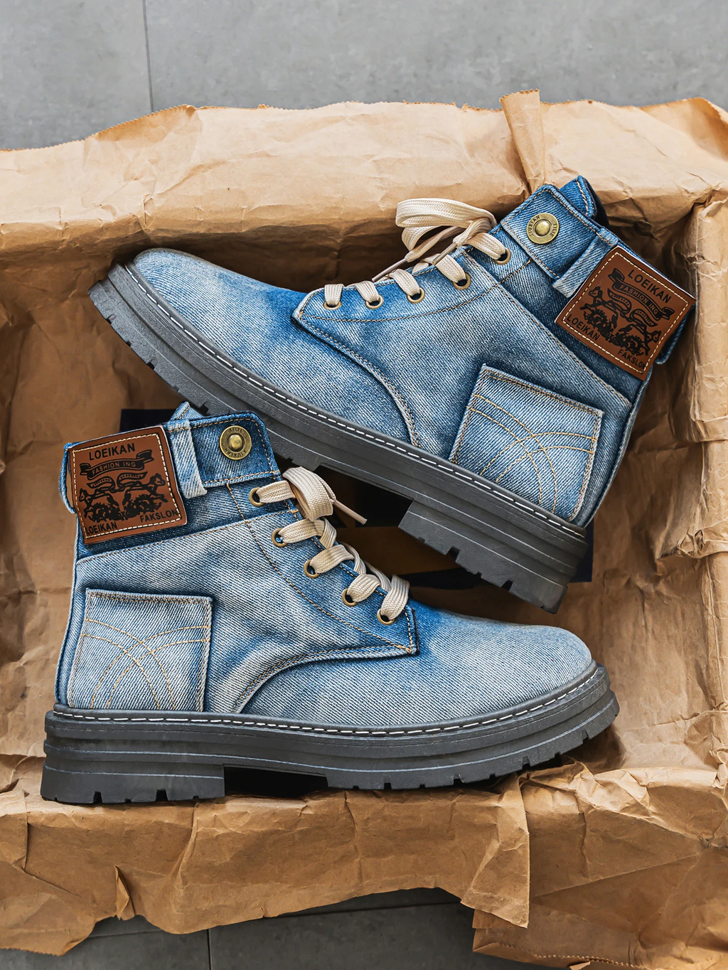 Men's Denim-Style Lace-Up Boots - Blue