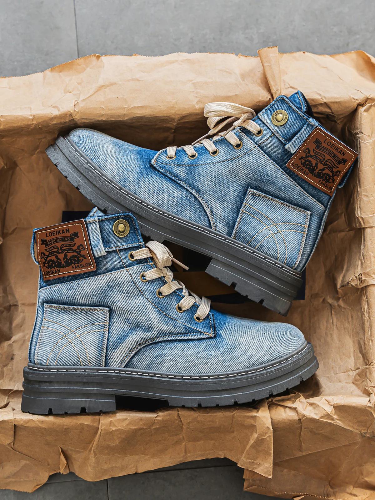 Men's Denim-Style Lace-Up Boots - Blue