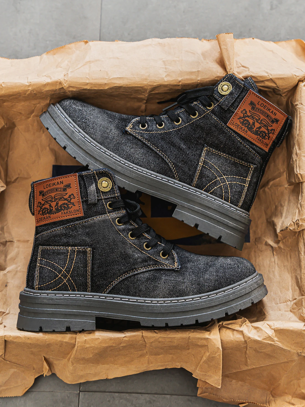 Men's Denim-Style Lace-Up Boots - Black