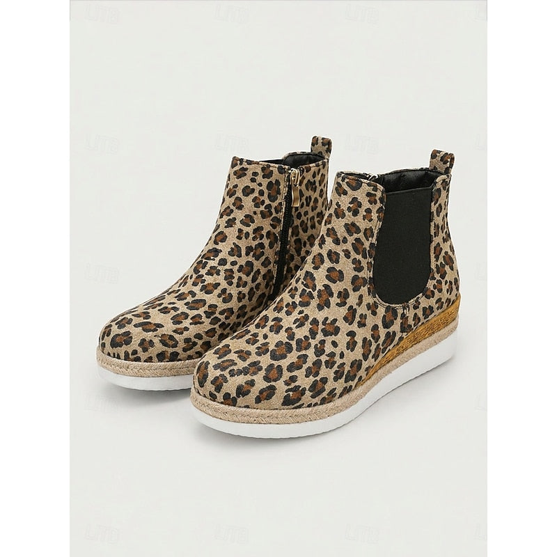 Women's Wedge Chelsea Ankle Boots with Braided Trim - Leopard