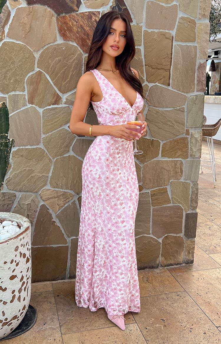 Women's Floral V-Neck Wedding Guest Maxi Dress