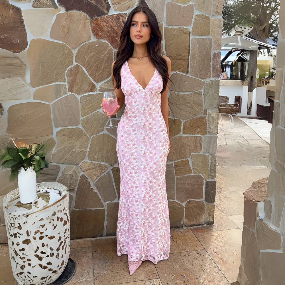 Women's Floral V-Neck Wedding Guest Maxi Dress