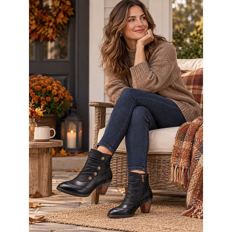 Women's Ruched Ankle Boots with Floral Buttons and Block Heel