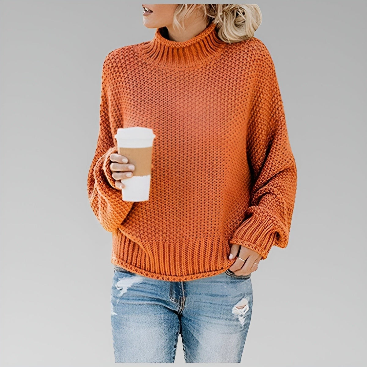 Women's Oversized Chunky Knit Turtleneck Pullover - Orange