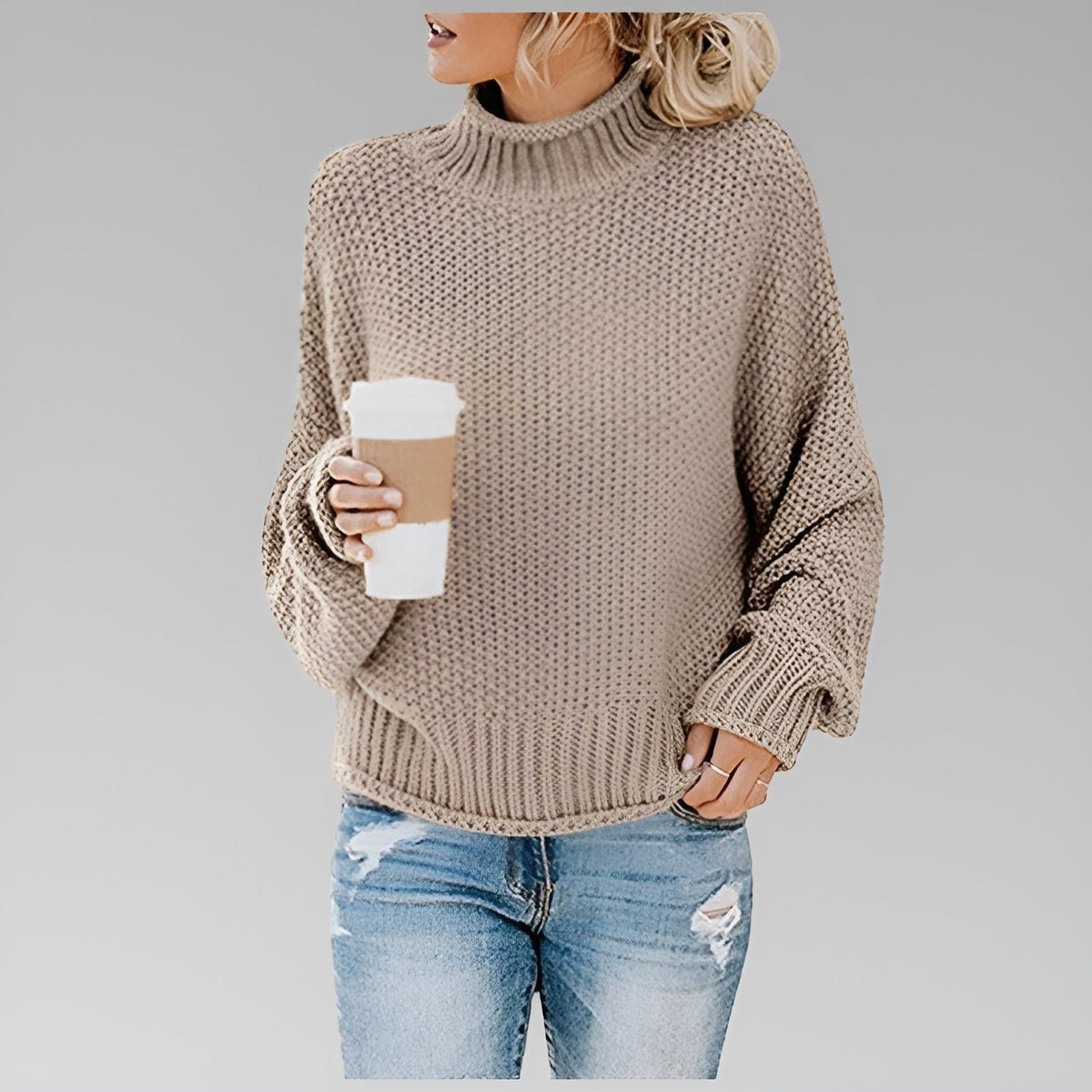 Women's Oversized Chunky Knit Turtleneck Pullover - Beige