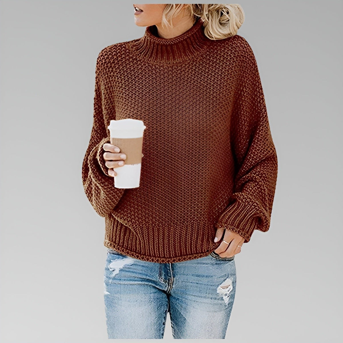 Women's Oversized Chunky Knit Turtleneck Pullover - Brown