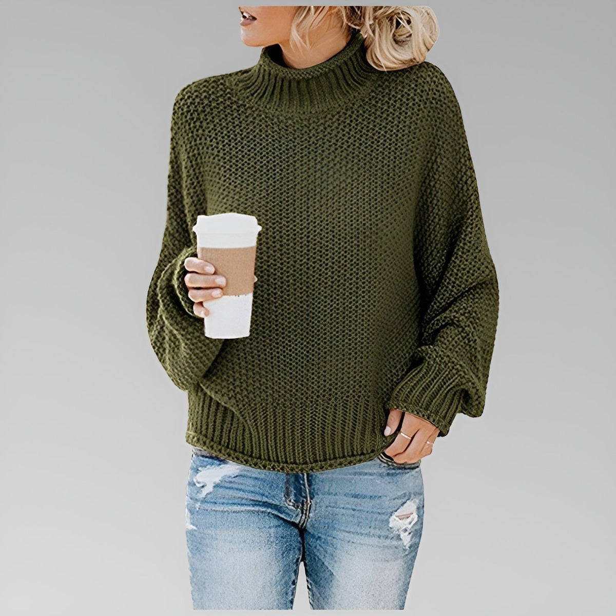 Women's Oversized Chunky Knit Turtleneck Pullover - Green