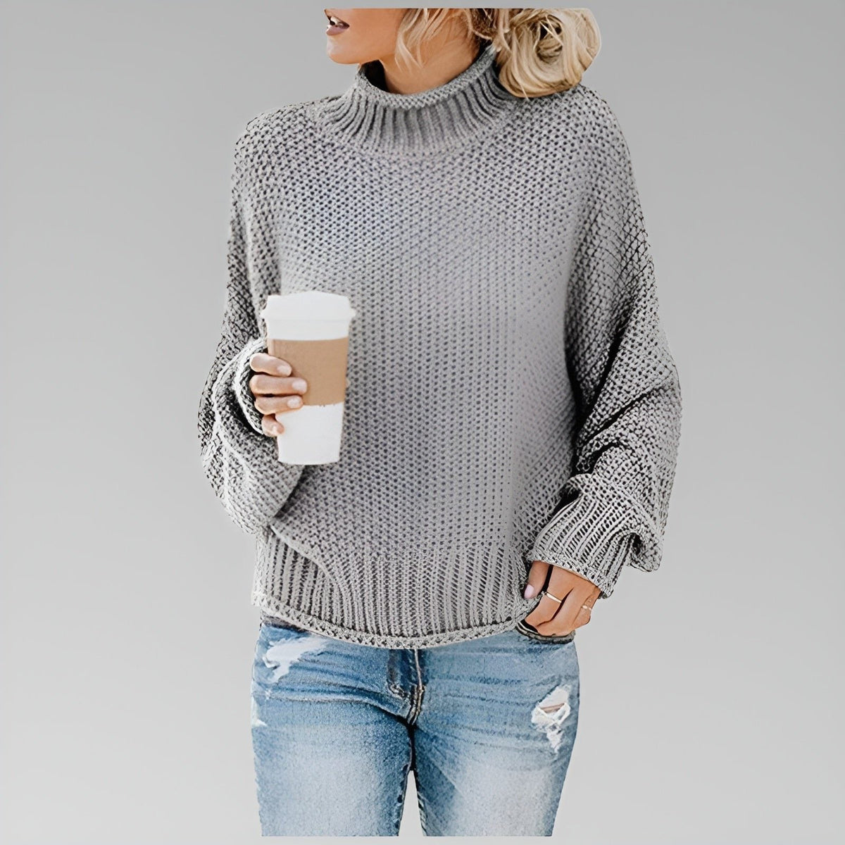 Women's Oversized Chunky Knit Turtleneck Pullover - Gray