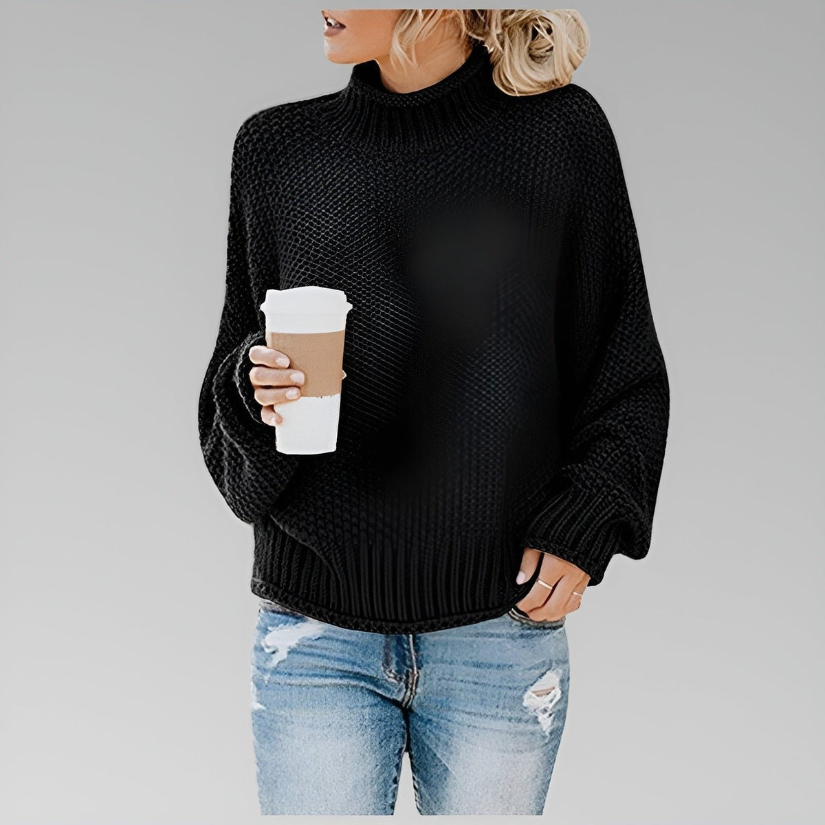 Women's Oversized Chunky Knit Turtleneck Pullover - Black
