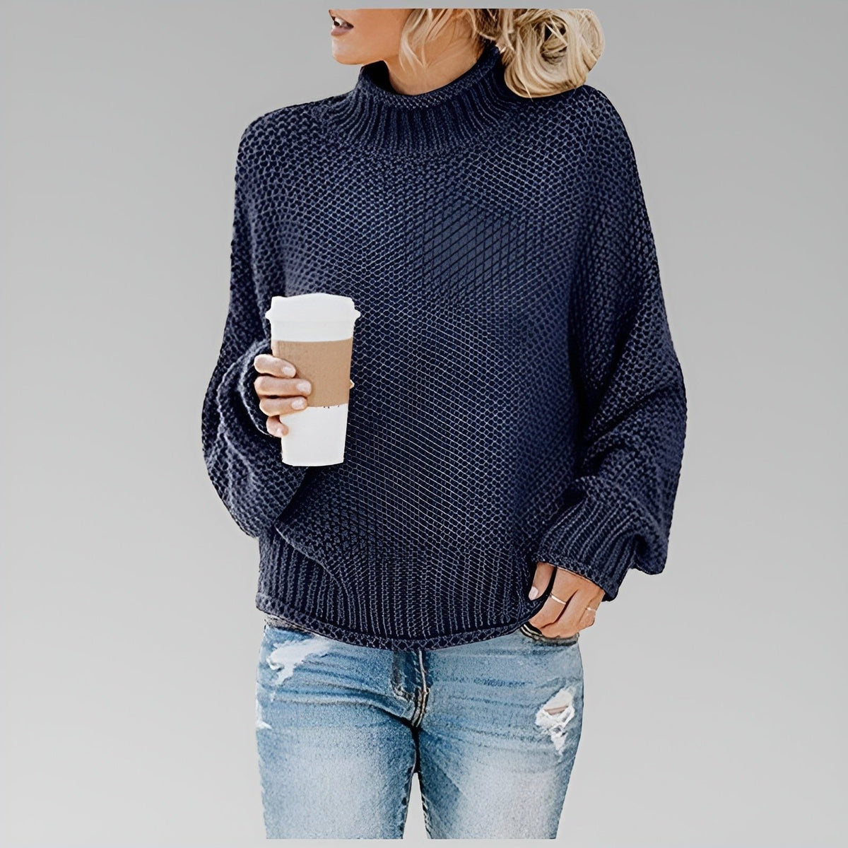 Women's Oversized Chunky Knit Turtleneck Pullover - Royal Blue