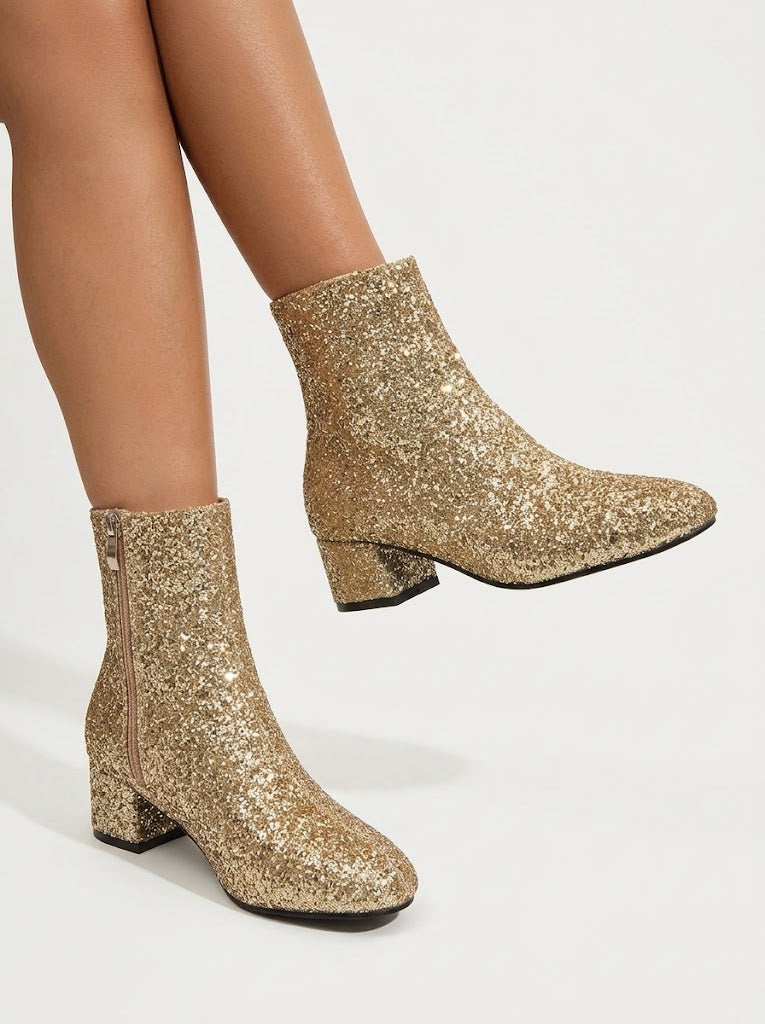Women's Glitter Pointed-Toe Ankle Boots - Gold