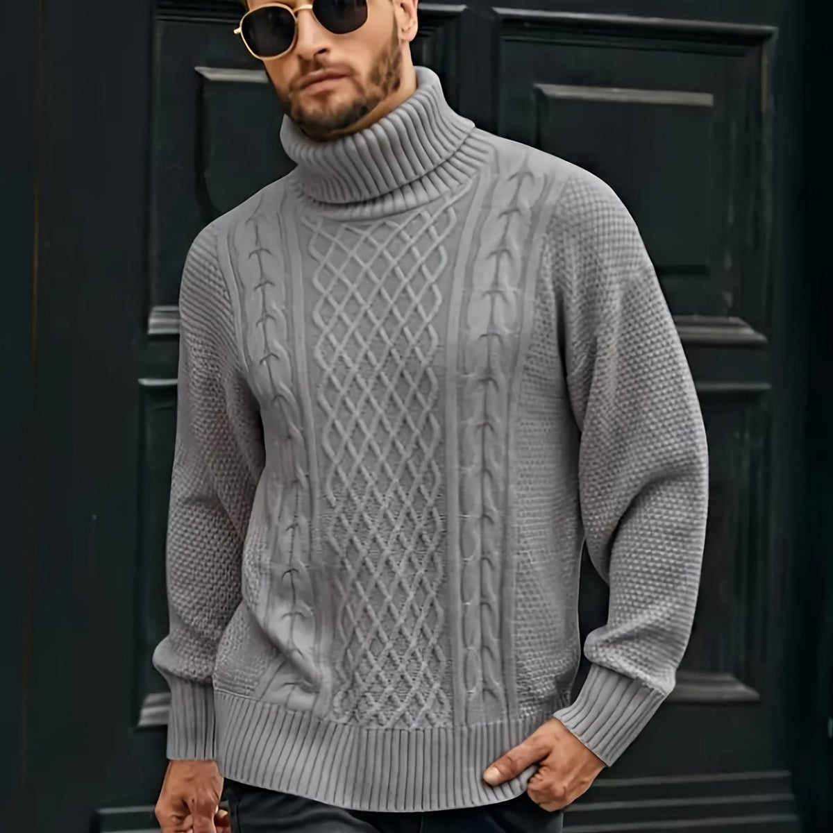 Women's Classic Cable-Knit Turtleneck Sweater in Plus Sizes - Silvery Gray