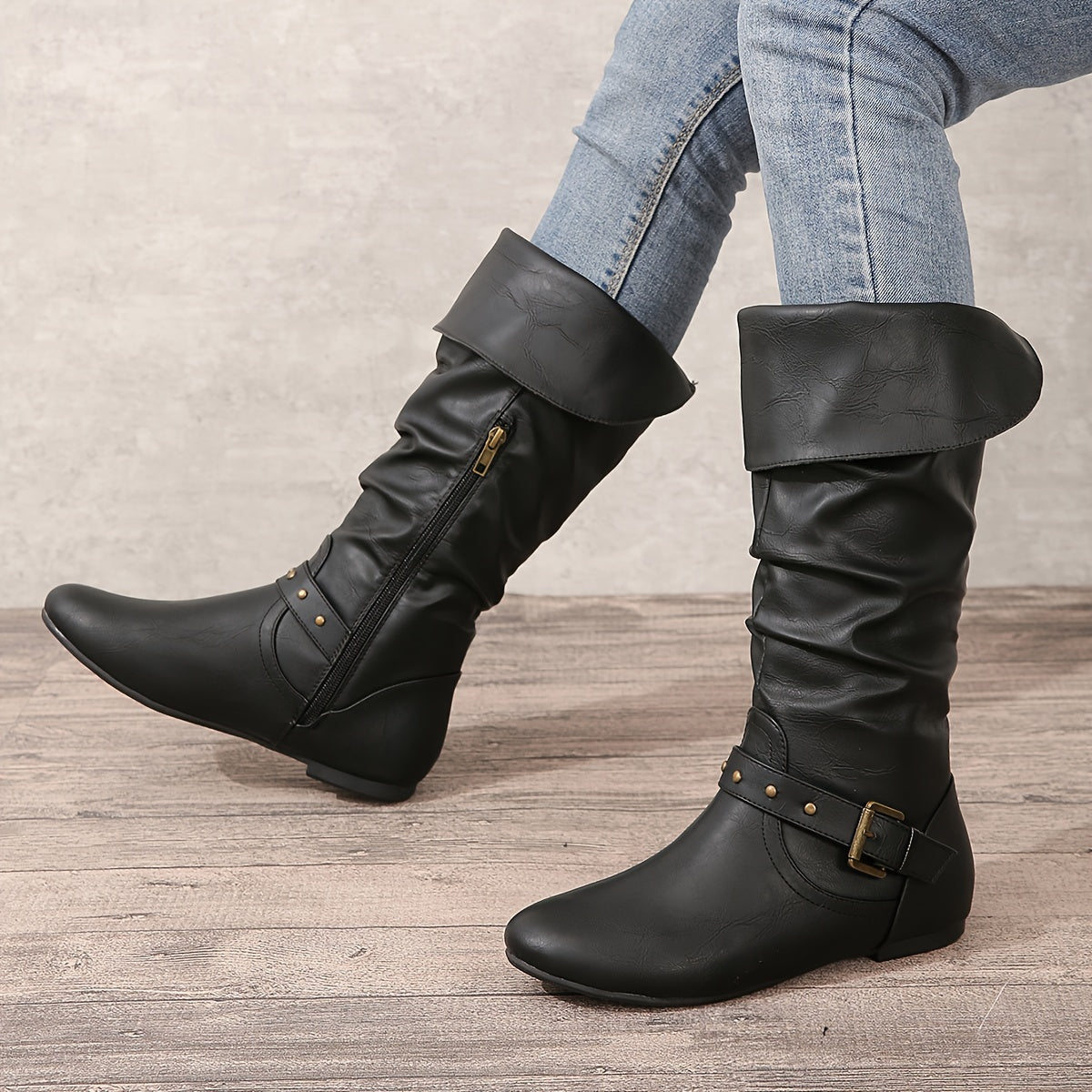 Women's Slouchy Knee-High Boots with Flat Round Toe