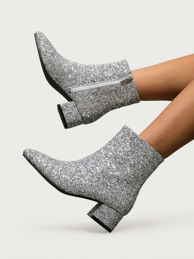 Women's Glitter Pointed-Toe Ankle Boots - Black