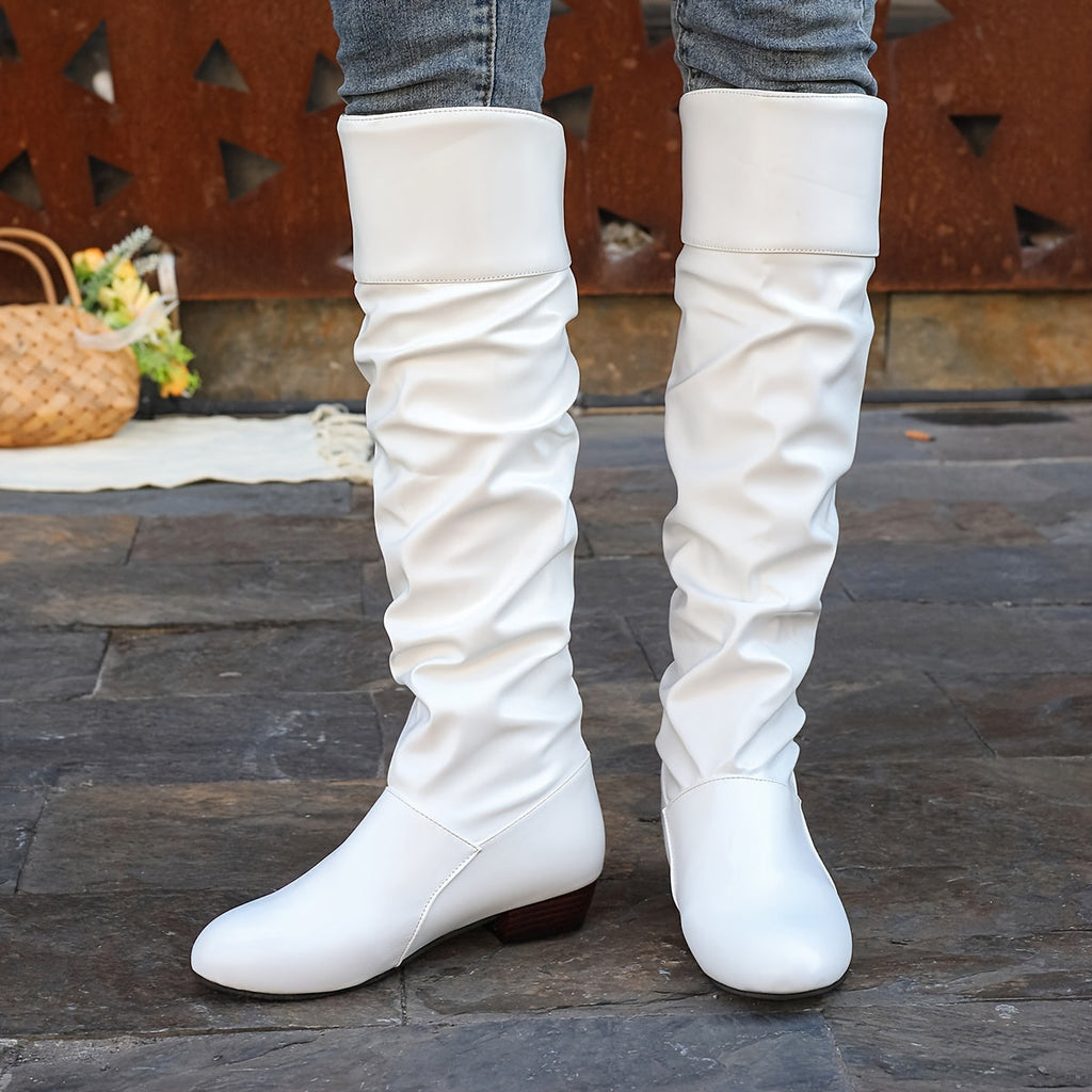 Women's Slouch Knee-High Boots with Low Heel and Round Toe