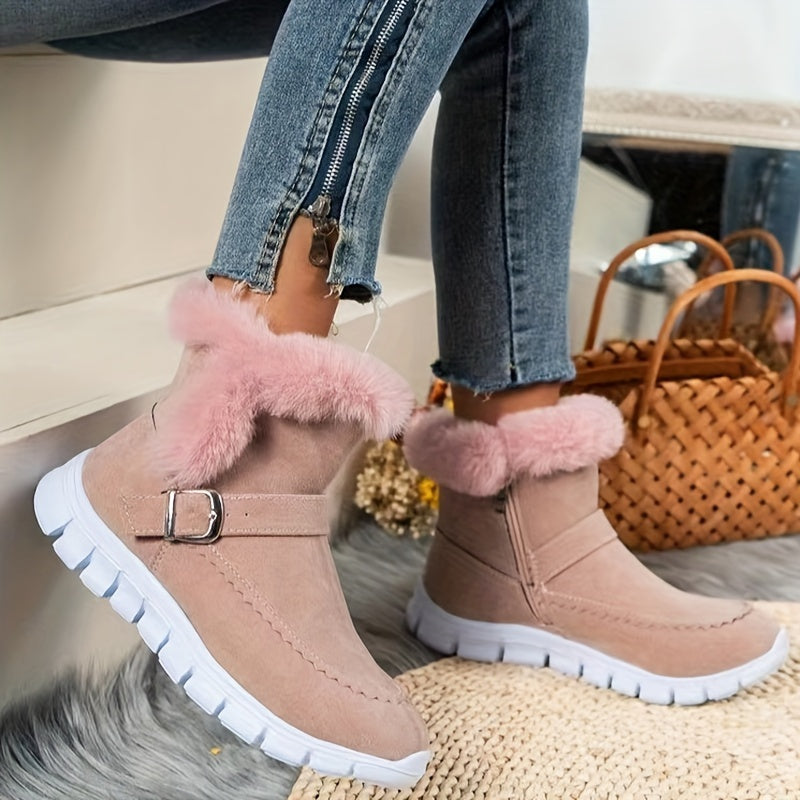 Women's Plush-Lined Buckle Ankle Boots - Gray