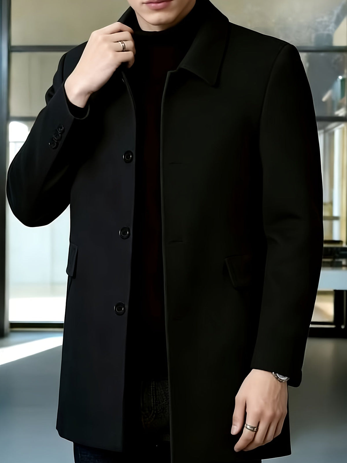 Men's Refined Single-Breasted Overcoat with Side Pockets