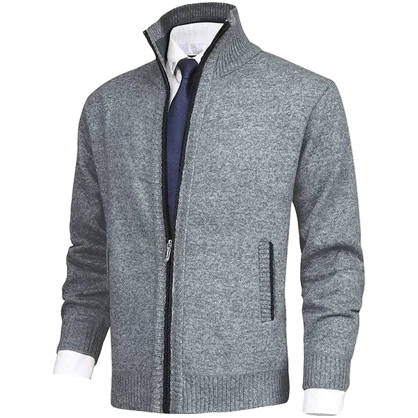 Men's Textured Knit Zip Cardigan with Side Pockets - Light Gray