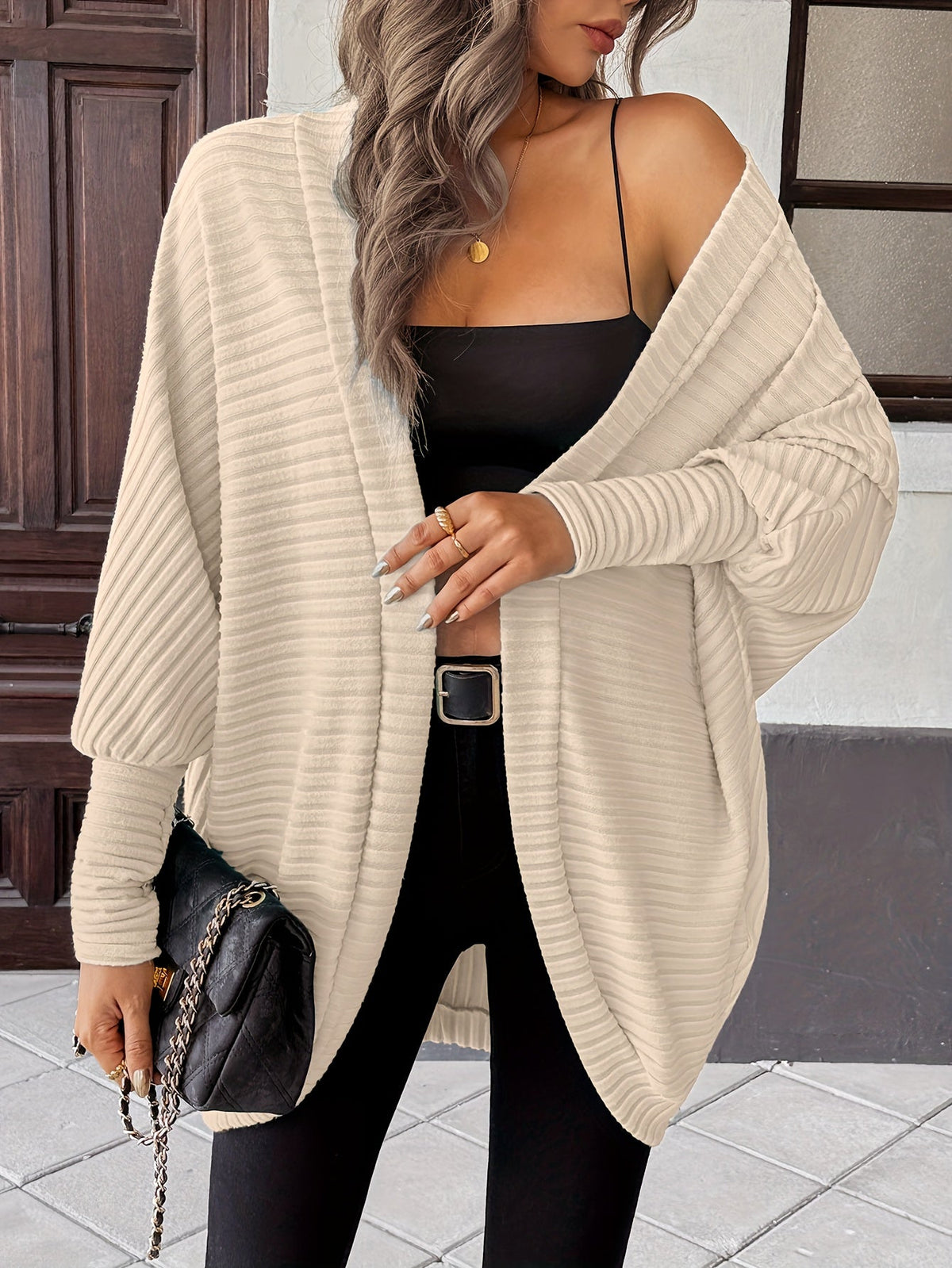 Women's Draped Open-Front Ribbed Cardigan