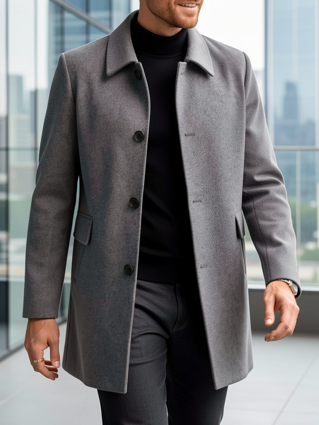 Men's Refined Single-Breasted Overcoat with Side Pockets