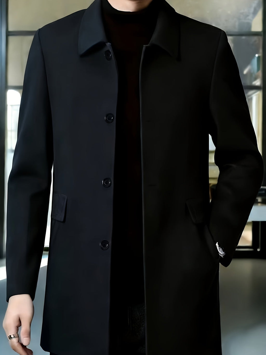Men's Refined Single-Breasted Overcoat with Side Pockets
