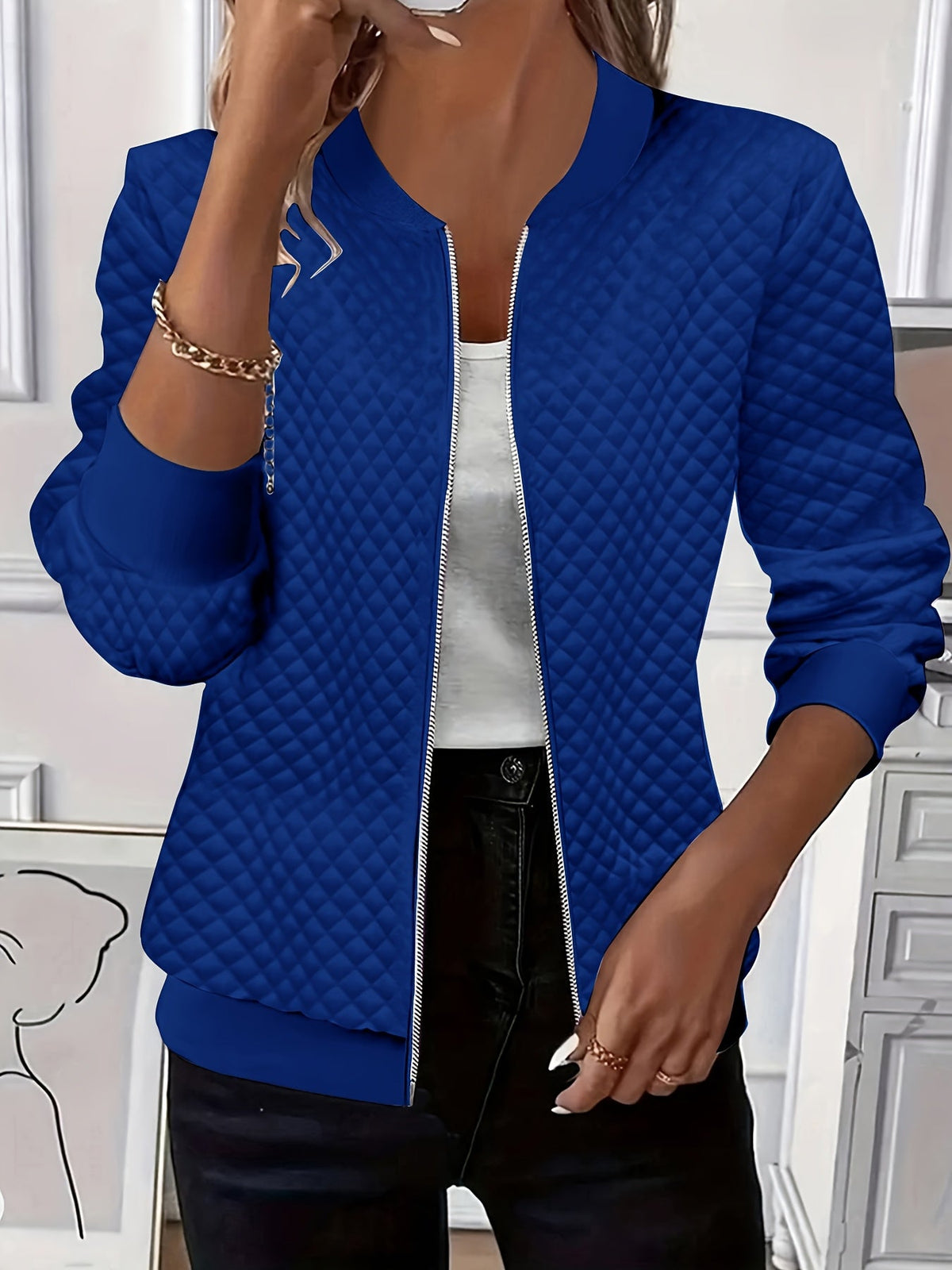 Women's Quilted-Texture Baseball Collar Jacket - Blue