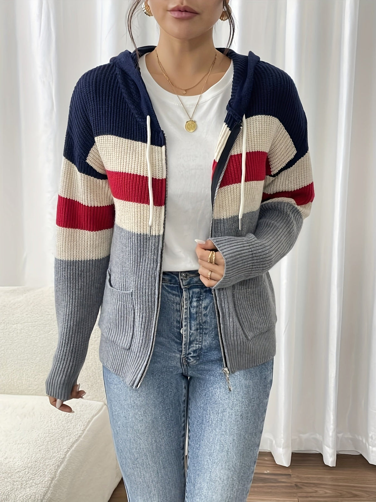 Women's Ribbed Color-Block Hooded Zip Cardigan
