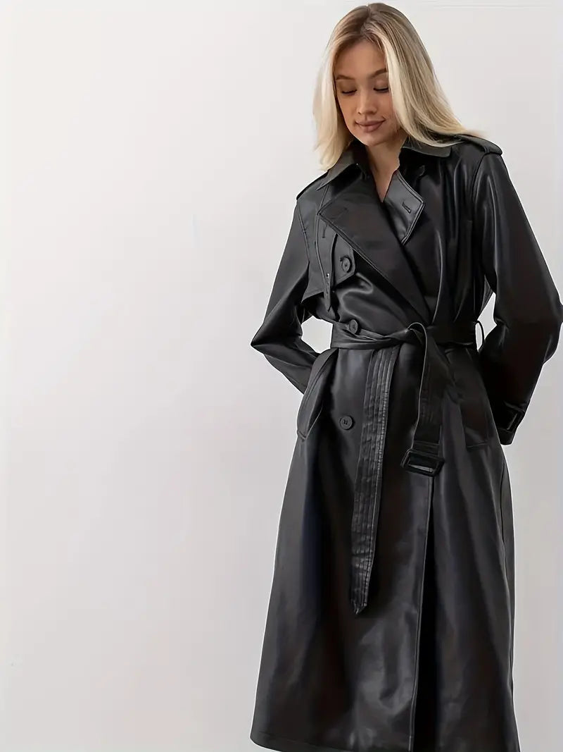 Women's Faux Leather Belted Trench Coat