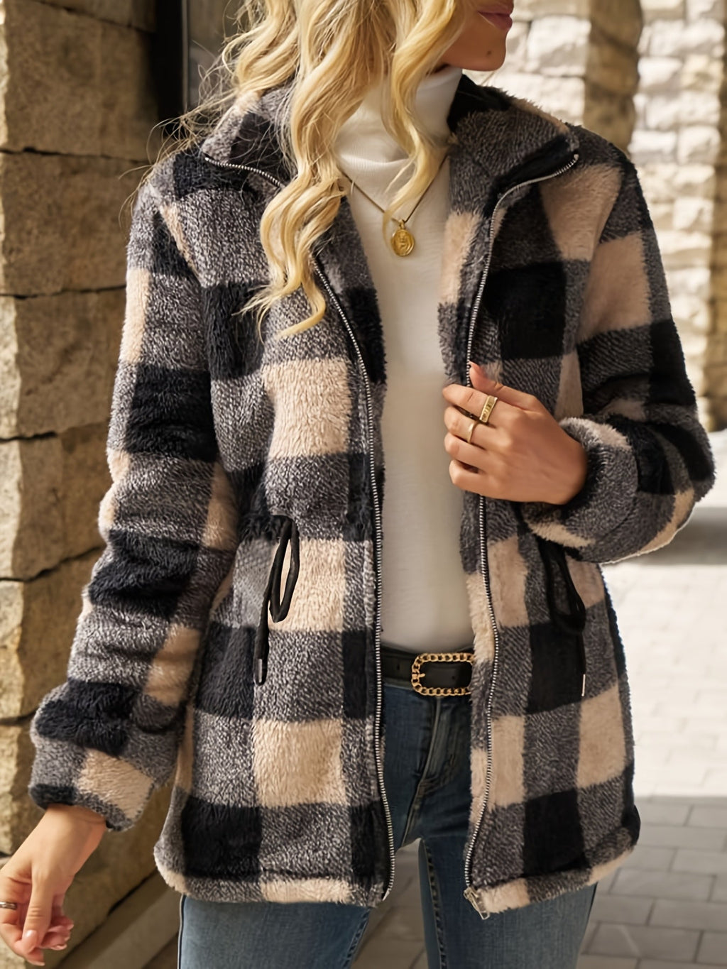 Women's Plush Checked Hooded Zip-Up Jacket
