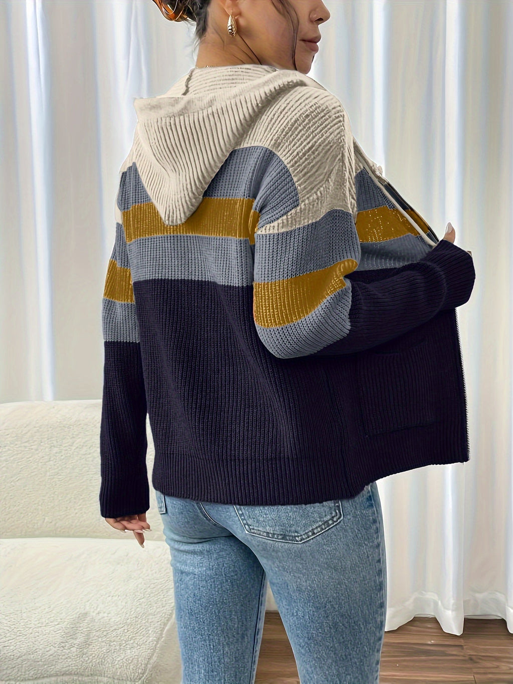 Women's Ribbed Color-Block Hooded Zip Cardigan