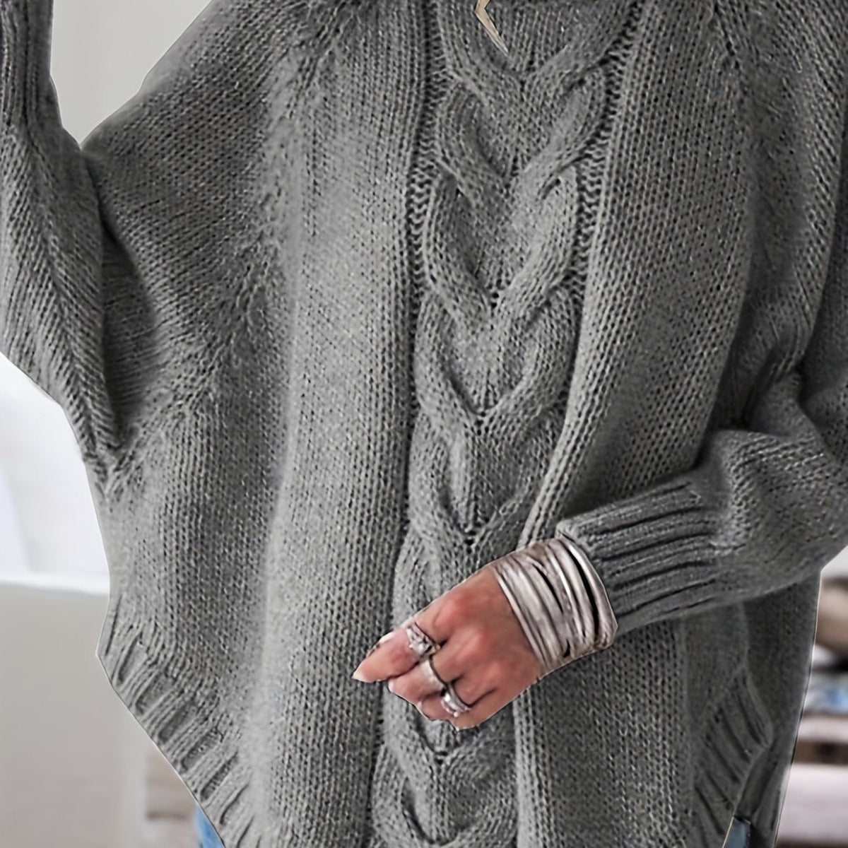 Women's Cable-Knit High Neck Relaxed Sweater
