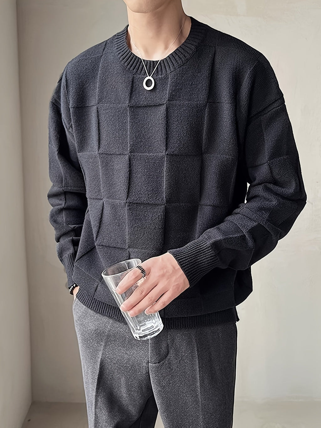 Women's Textured Checkerboard Crewneck Sweater