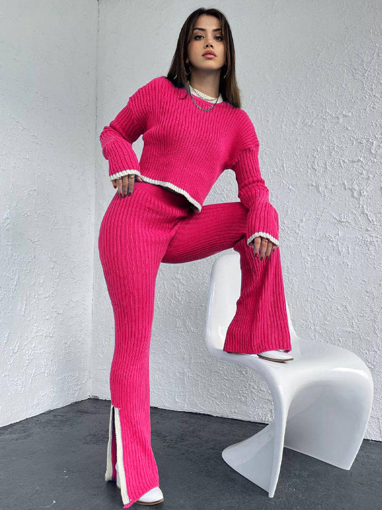 Women's Ribbed Cropped Knit Top and Straight-Leg Pants Set - Hot Pink