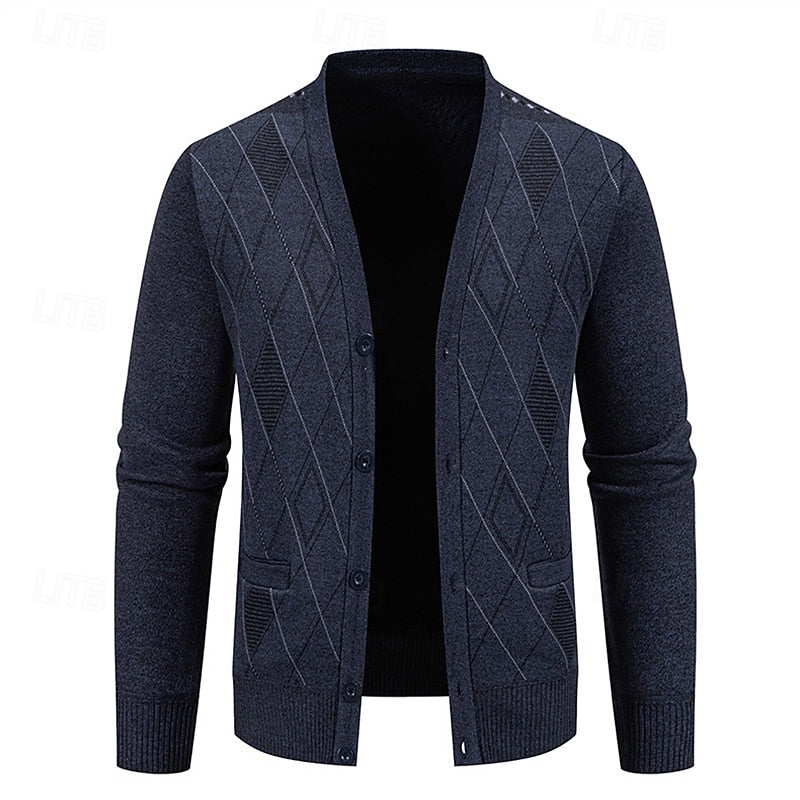 Men's Argyle V-Neck Button Cardigan with Side Pockets