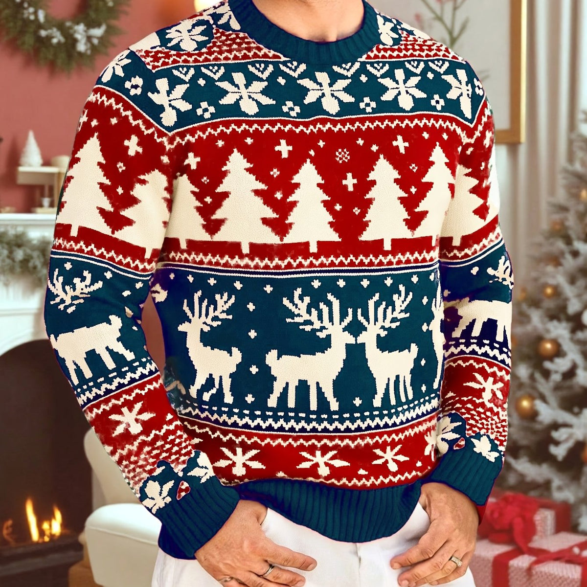Women's Festive Knit Christmas Sweater with Winter Motifs - Blue