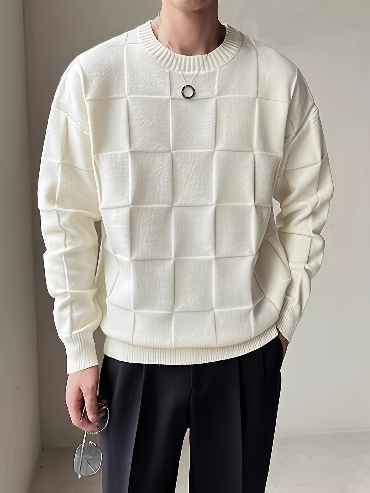Women's Textured Checkerboard Crewneck Sweater