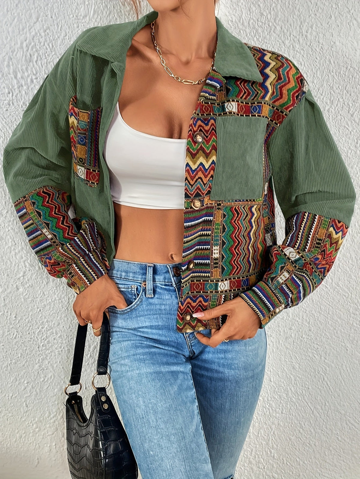 Women's Relaxed Fit Patchwork Button-Front Jacket