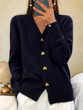 Women's Heart-Button V-Neck Cardigan - Black