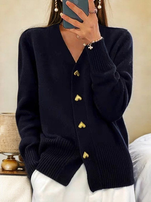 Women's Heart-Button V-Neck Cardigan