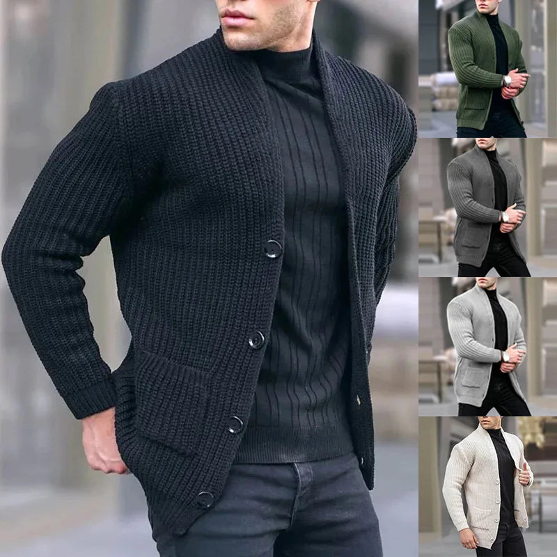 Men's Relaxed Open-Neck Knit Cardigan with Pockets - Black