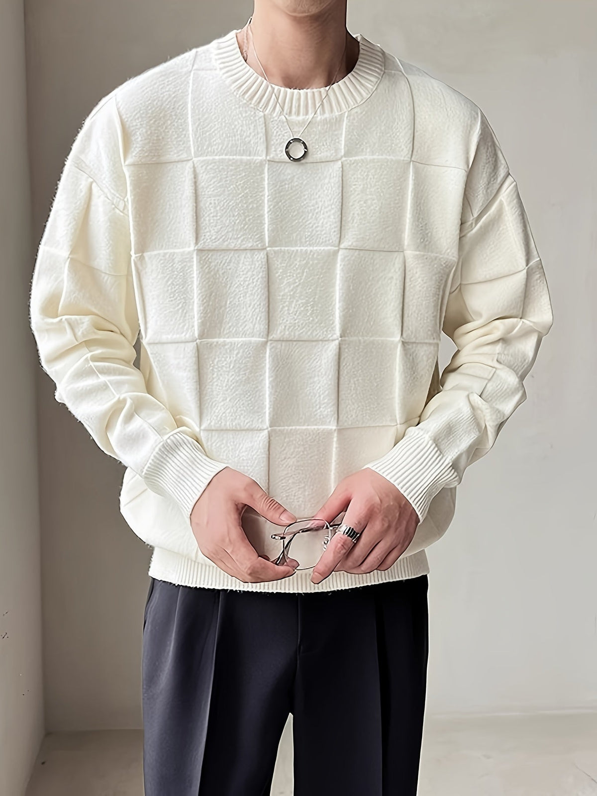 Women's Textured Checkerboard Crewneck Sweater