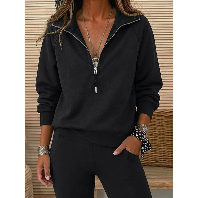 Women's Relaxed Quarter-Zip Pullover with Stand-Up Collar - Black