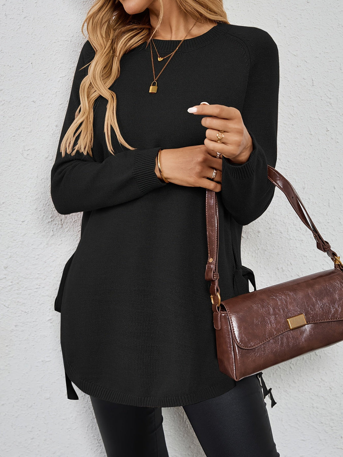 Women's Relaxed Longline Round Neck Sweater with Side Slits
