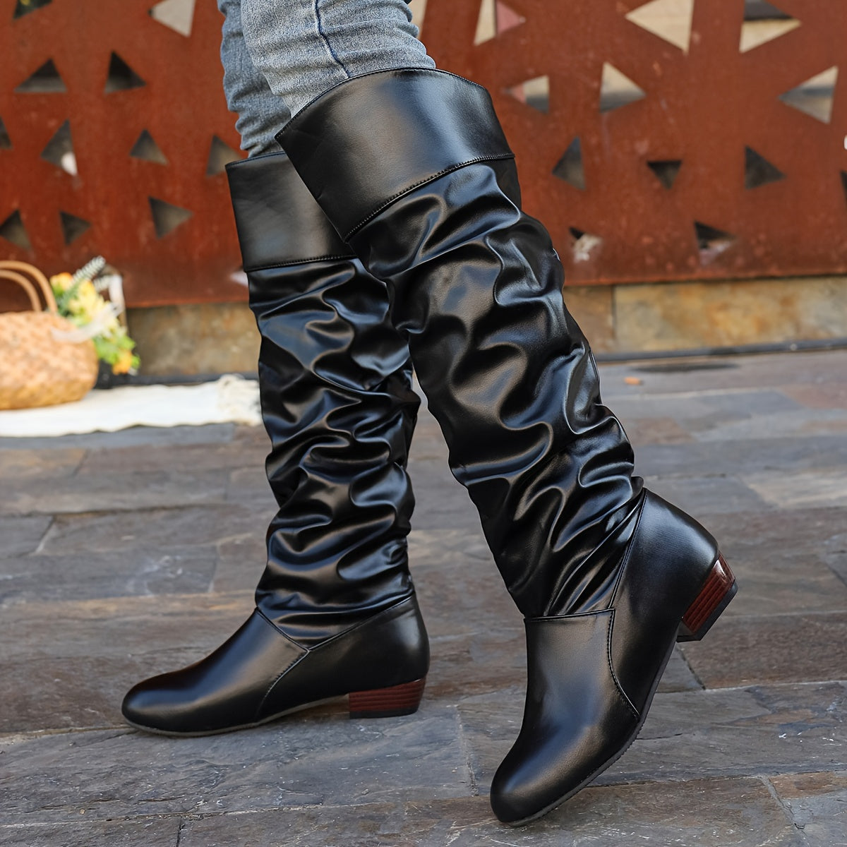 Women's Slouch Knee-High Boots with Low Heel and Round Toe