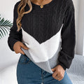 Women's Color-Block Round Neck Soft Knit Sweater - Black