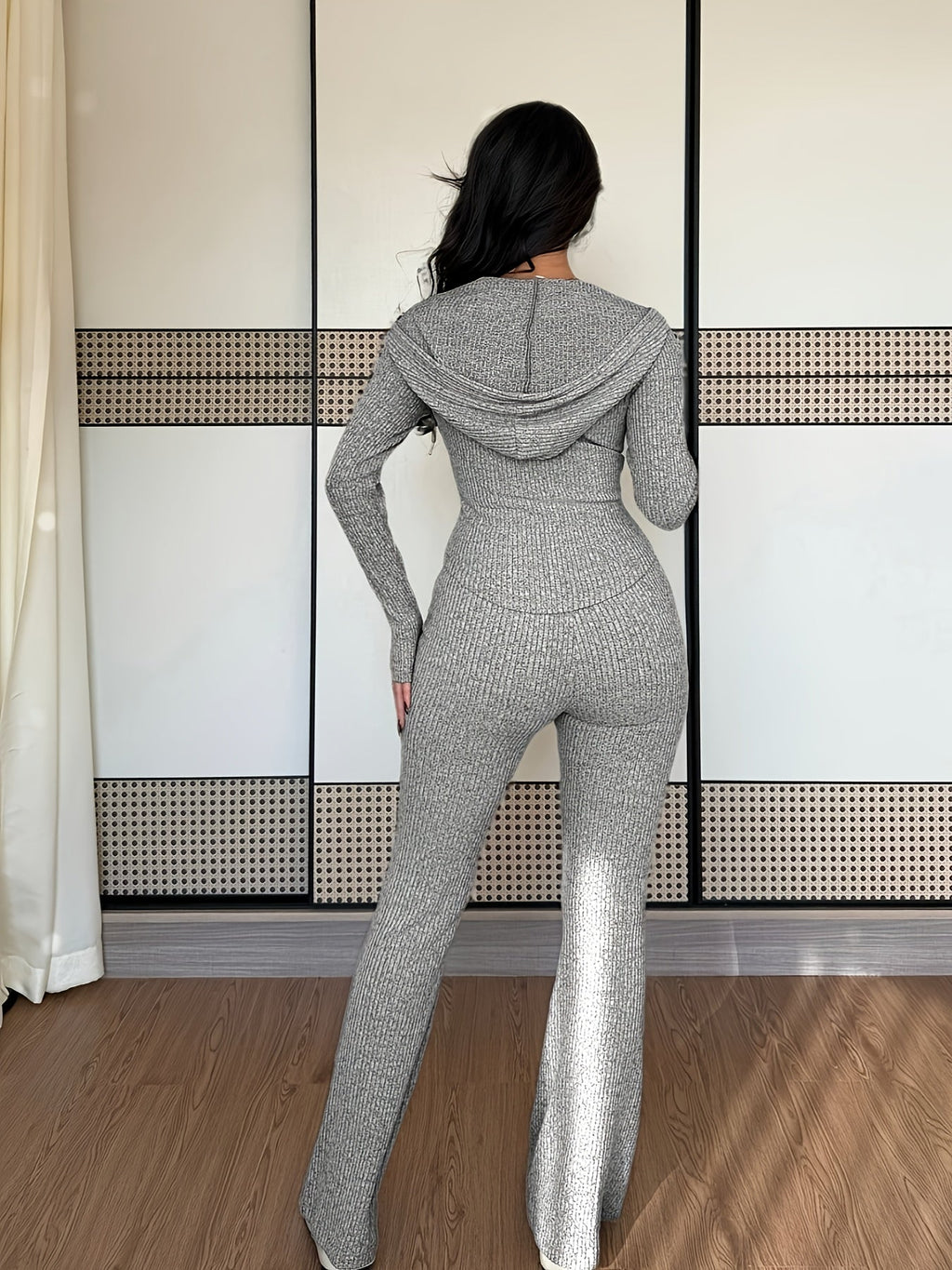 Women's Ribbed Hooded Zip-Up Flared Lounge Set