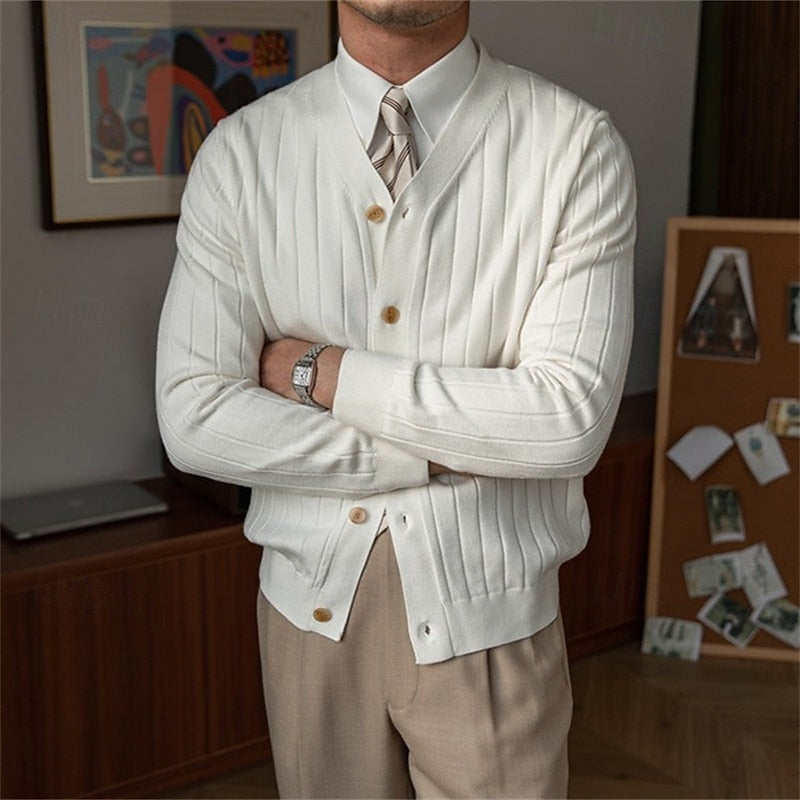 Men's Ribbed V-Neck Button-Front Cardigan - White