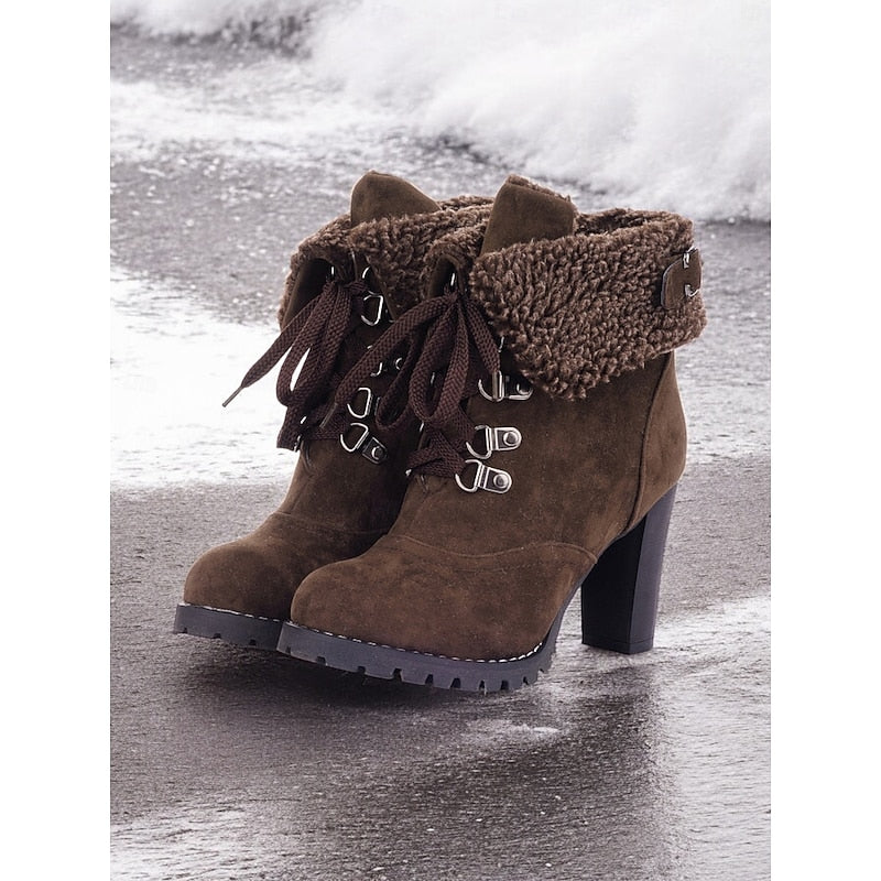 Women's Plush-Lined Lace-Up Winter Boots with Chunky Heel