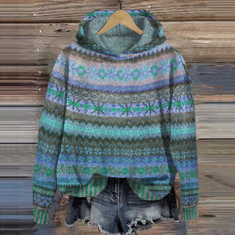 Women's Cropped Fair Isle Knit Pullover Hoodie - Blue